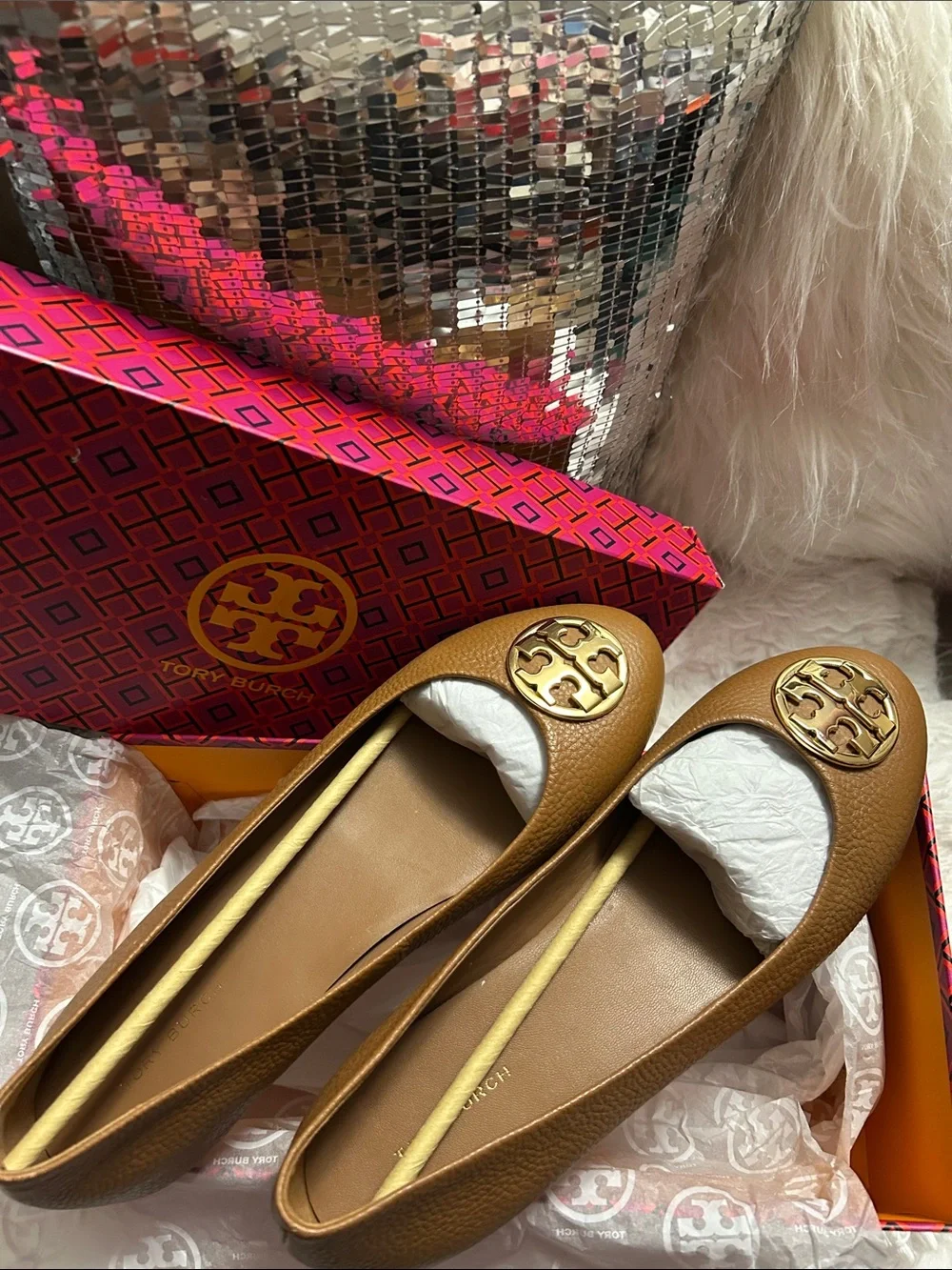 Tory Burch Tan Leather Logo Ballet Flats with Gold Emblem